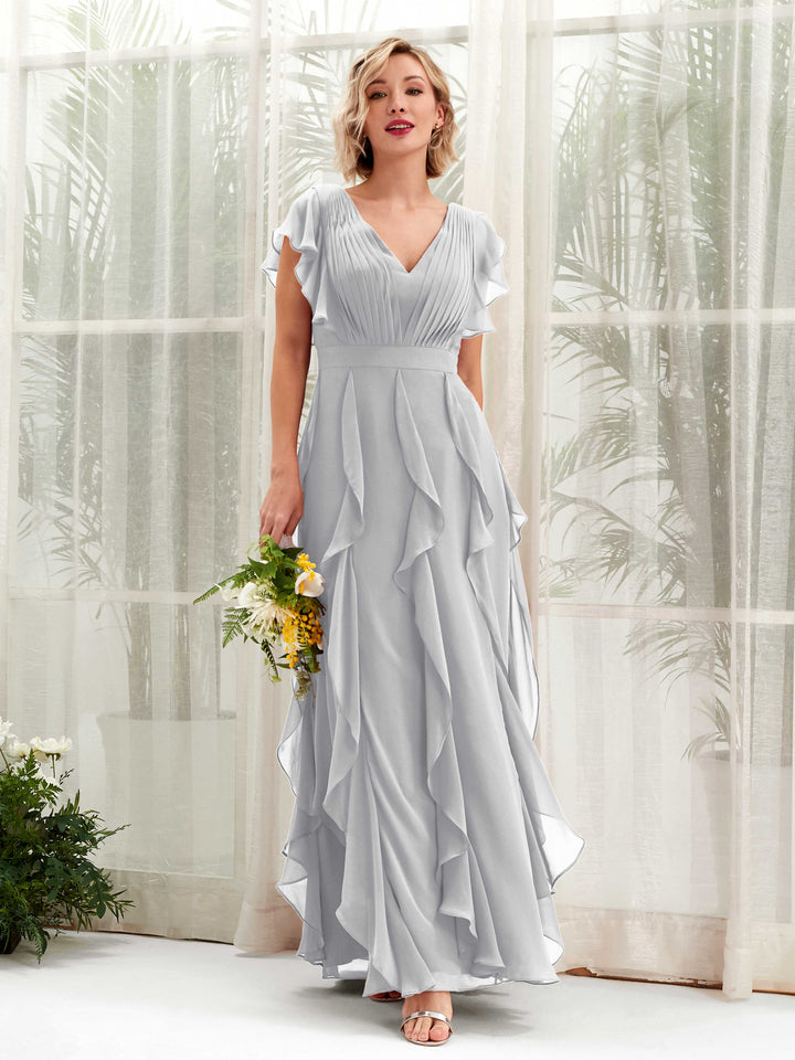Carlyna V-Ausschnitt Bodenlang Gerafftes Brautjungfernkleid Silber 