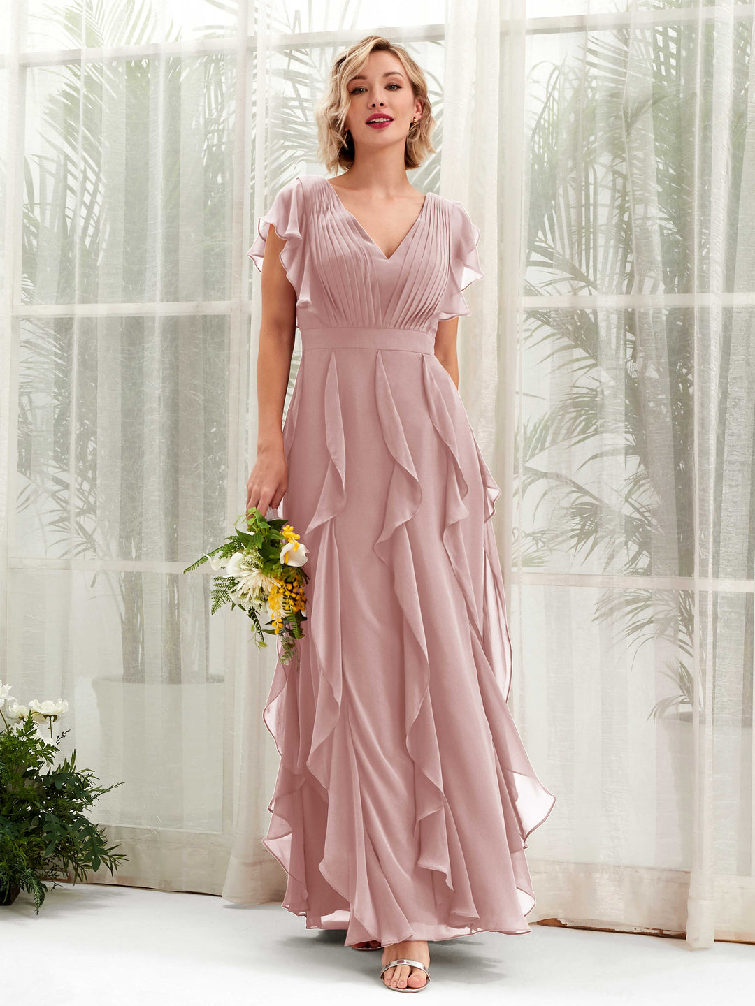 Carlyna V-Ausschnitt Bodenlang Gerafftes Brautjungfernkleid Staubige Rose 