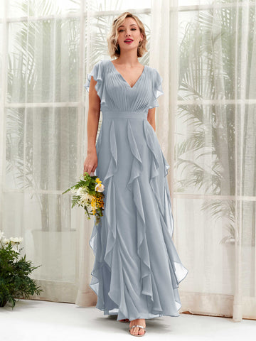 Carlyna V-Ausschnitt Bodenlang Gerafftes Brautjungfernkleid Staubiges Blau-Upgrade #farbe_staubiges-blau-upgrade