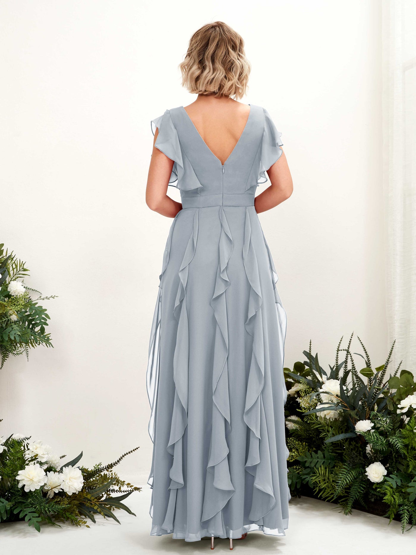 Carlyna V-Ausschnitt Bodenlang Gerafftes Brautjungfernkleid Staubiges Blau-Upgrade #farbe_staubiges-blau-upgrade