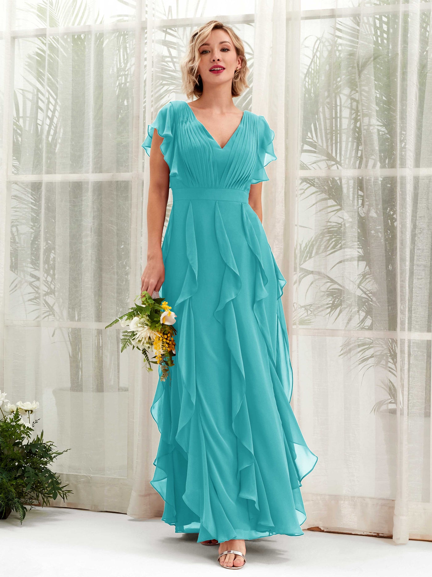 Carlyna V-Ausschnitt Bodenlang Gerafftes Brautjungfernkleid Türkis #farbe_t-rkis
