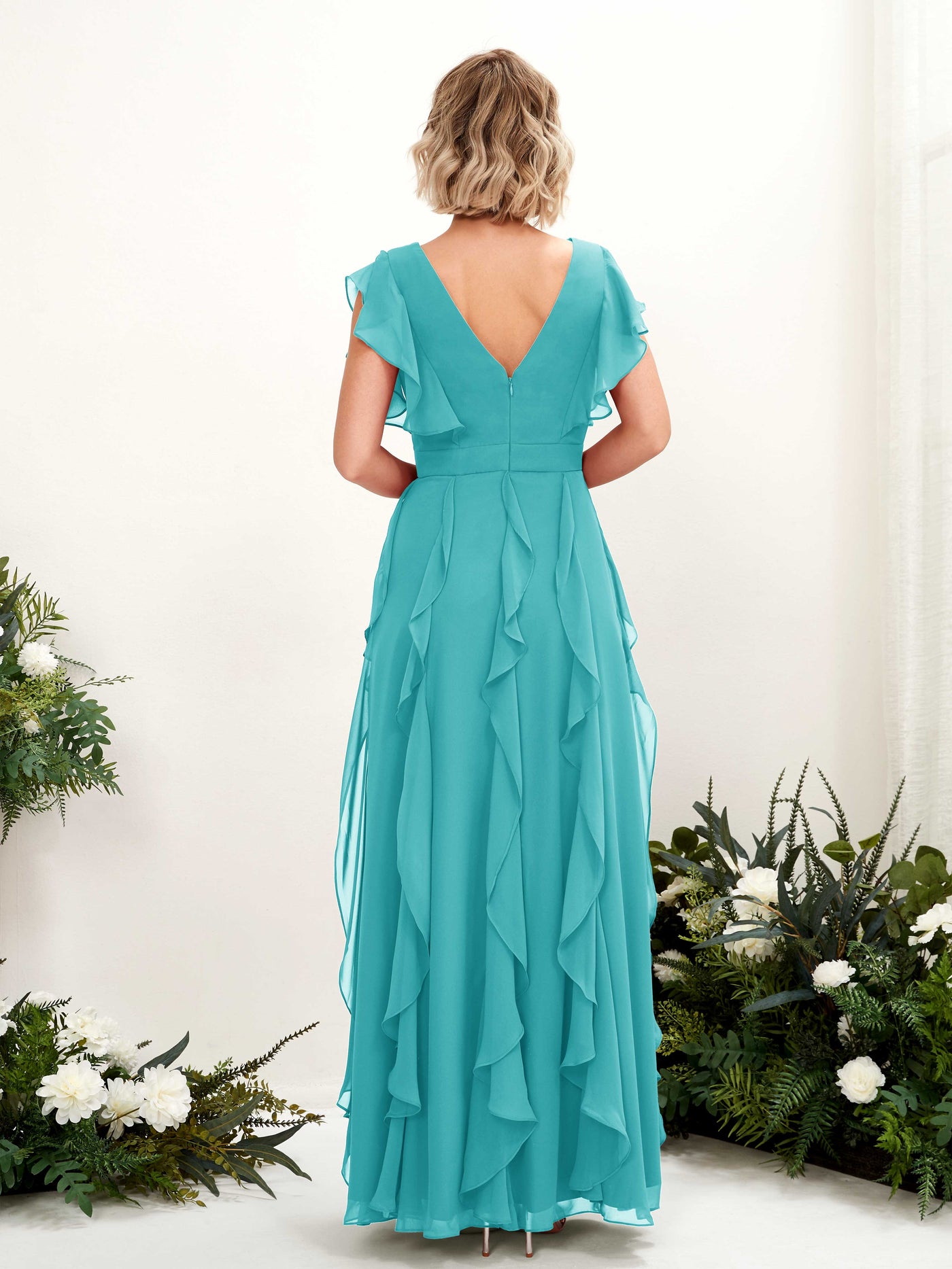 Carlyna V-Ausschnitt Bodenlang Gerafftes Brautjungfernkleid Türkis #farbe_t-rkis