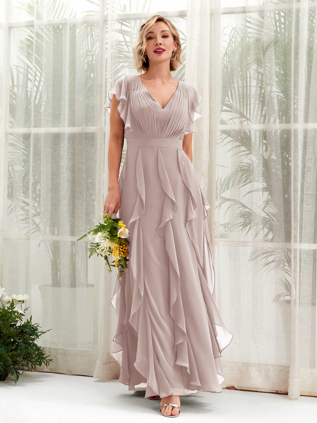 Carlyna V-Ausschnitt Bodenlang Gerafftes Brautjungfernkleid Taupe 