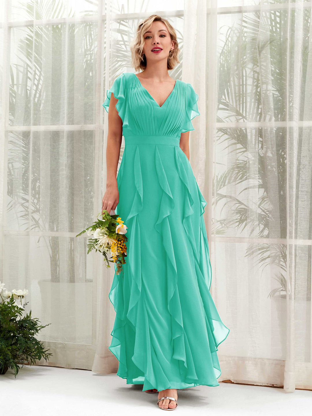 Carlyna V-Ausschnitt Bodenlang Gerafftes Brautjungfernkleid Tiffany-Blau 