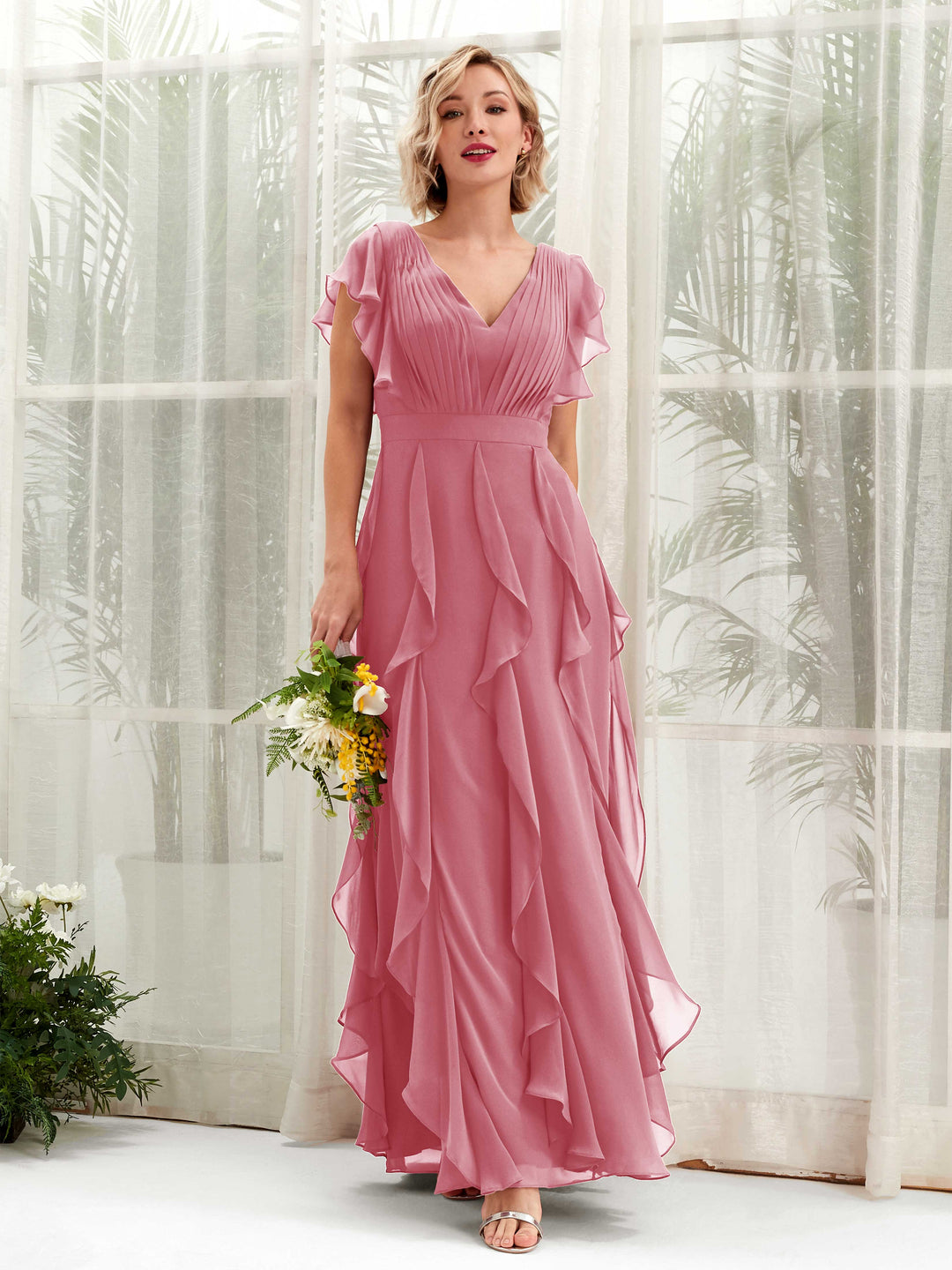 Carlyna V-Ausschnitt Bodenlang Gerafftes Brautjungfernkleid Wüstenrose 