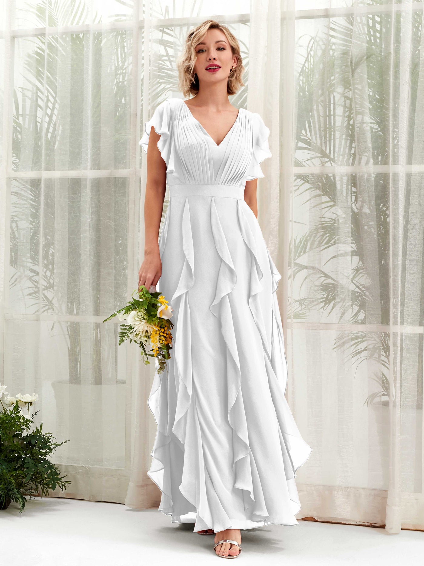 Carlyna V-Ausschnitt Bodenlang Gerafftes Brautjungfernkleid Weiß #farbe_wei
