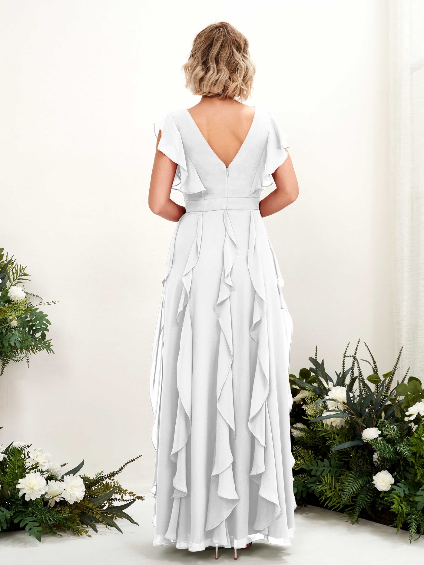 Carlyna V-Ausschnitt Bodenlang Gerafftes Brautjungfernkleid Weiß #farbe_wei