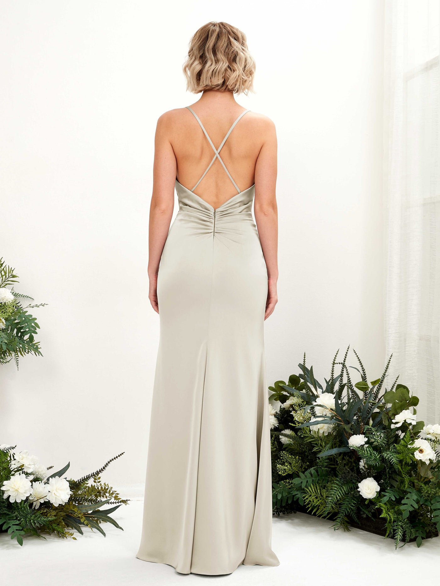 Carlyna Wasserfallausschnitt Bodenlang Satin Brautjungfernkleid Champagner #farbe_champagner
