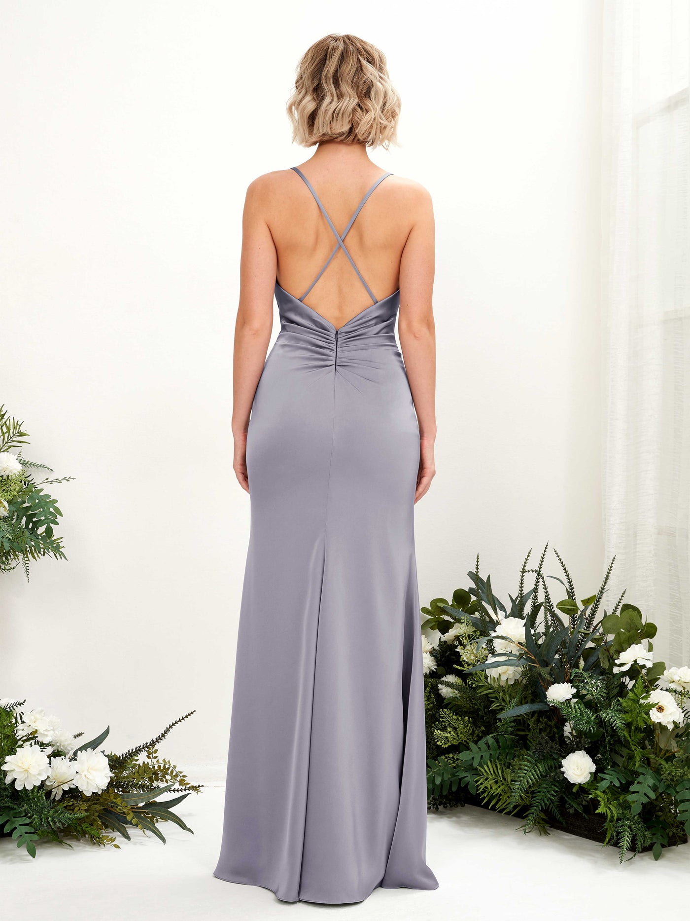 Carlyna Wasserfallausschnitt Bodenlang Satin Brautjungfernkleid Lila Dunst #farbe_lila-dunst