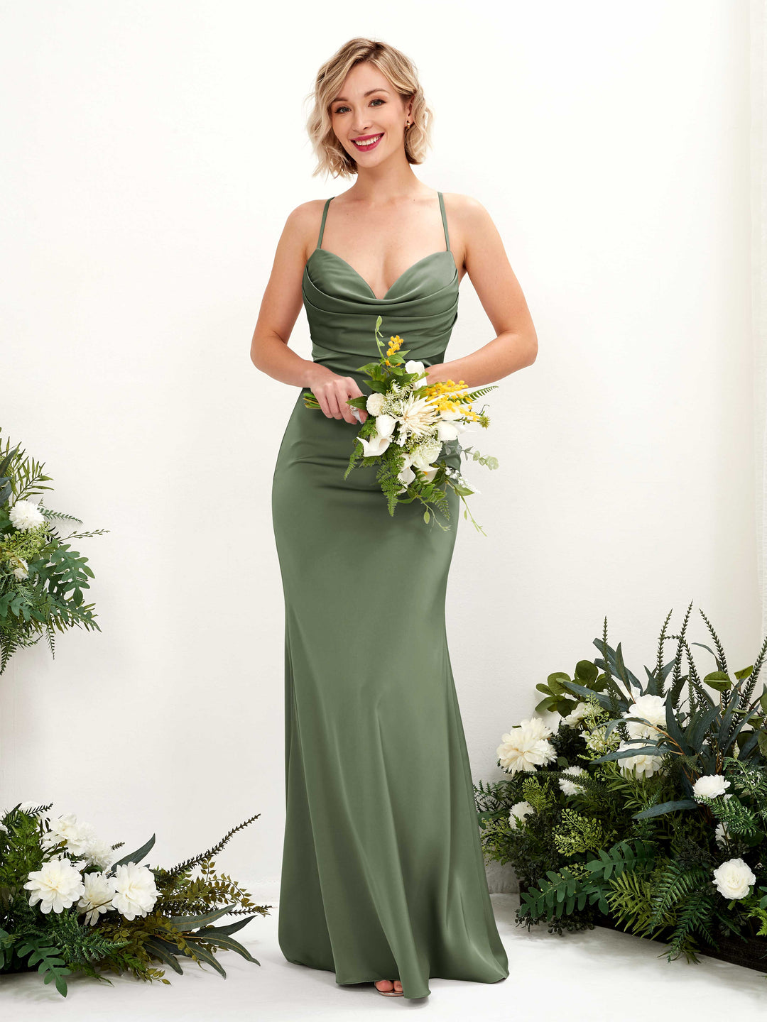 Carlyna Wasserfallausschnitt Bodenlang Satin Brautjungfernkleid Olivgrün 