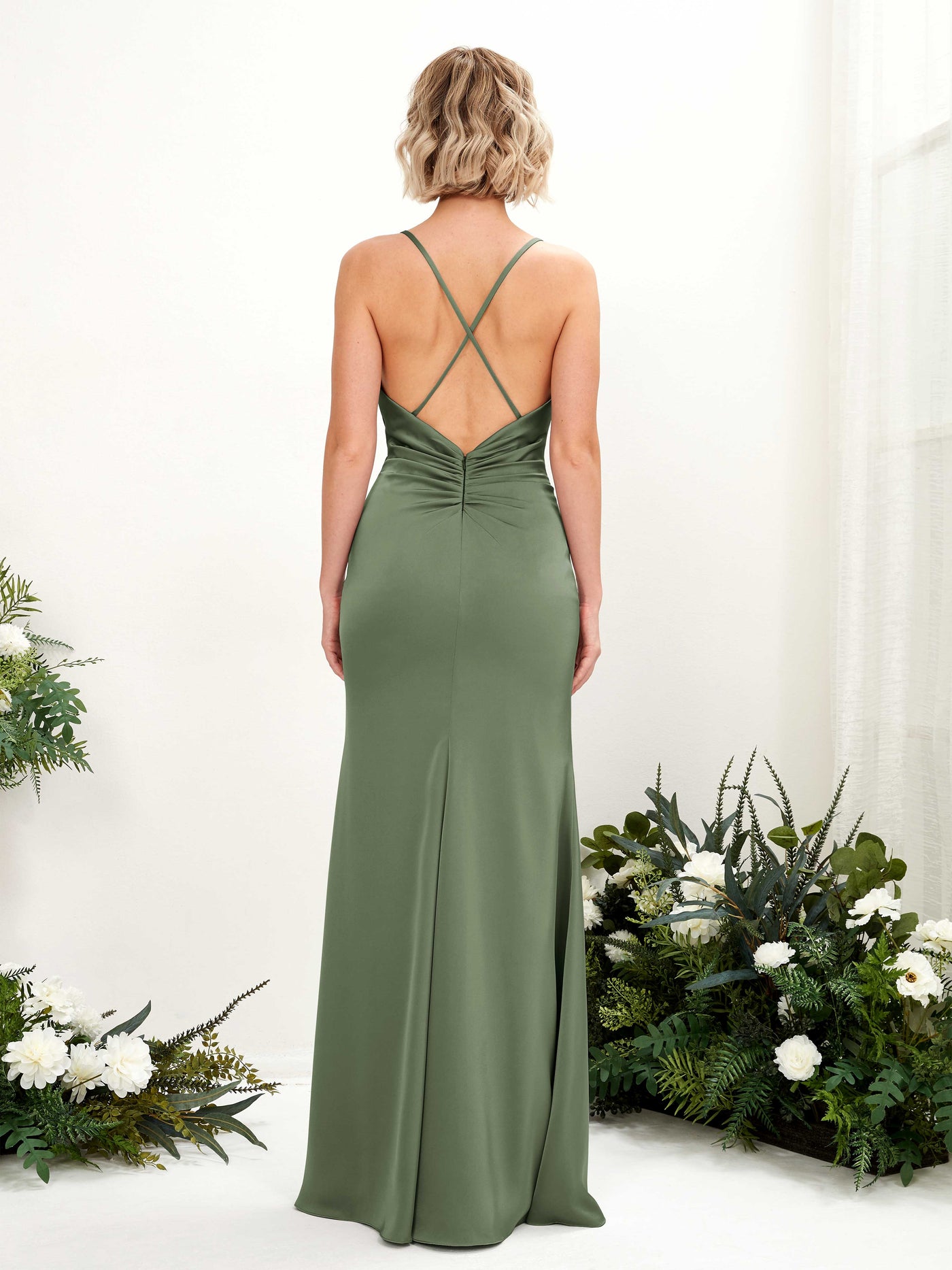 Carlyna Wasserfallausschnitt Bodenlang Satin Brautjungfernkleid Olivgrün #farbe_olivgr-n