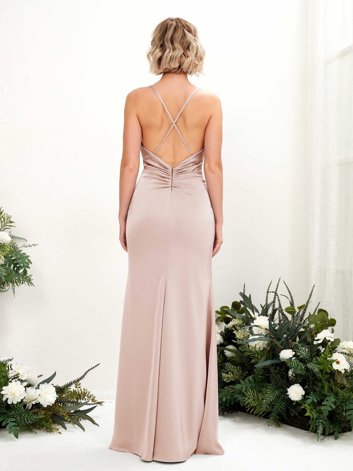 Carlyna Wasserfallausschnitt Bodenlang Satin Brautjungfernkleid Perlrosa #farbe_perlrosa