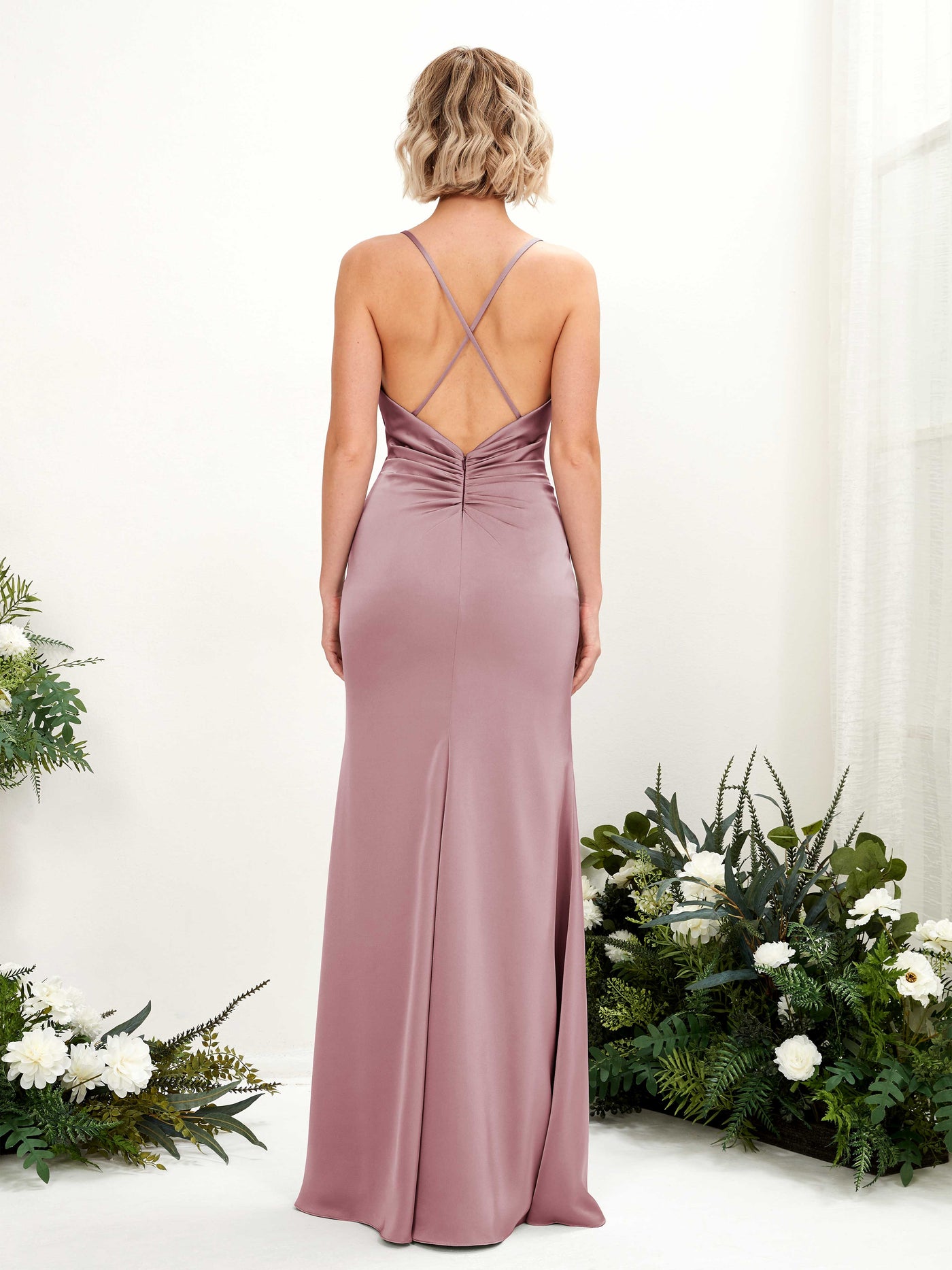 Carlyna Wasserfallausschnitt Bodenlang Satin Brautjungfernkleid Rosenquarz #farbe_rosenquarz