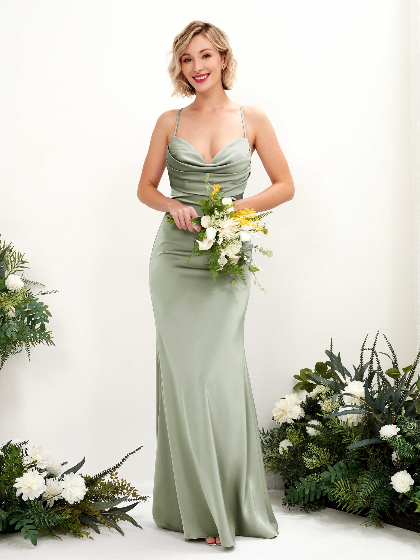 Carlyna Wasserfallausschnitt Bodenlang Satin Brautjungfernkleid Salbeigrün #farbe_salbeigr-n
