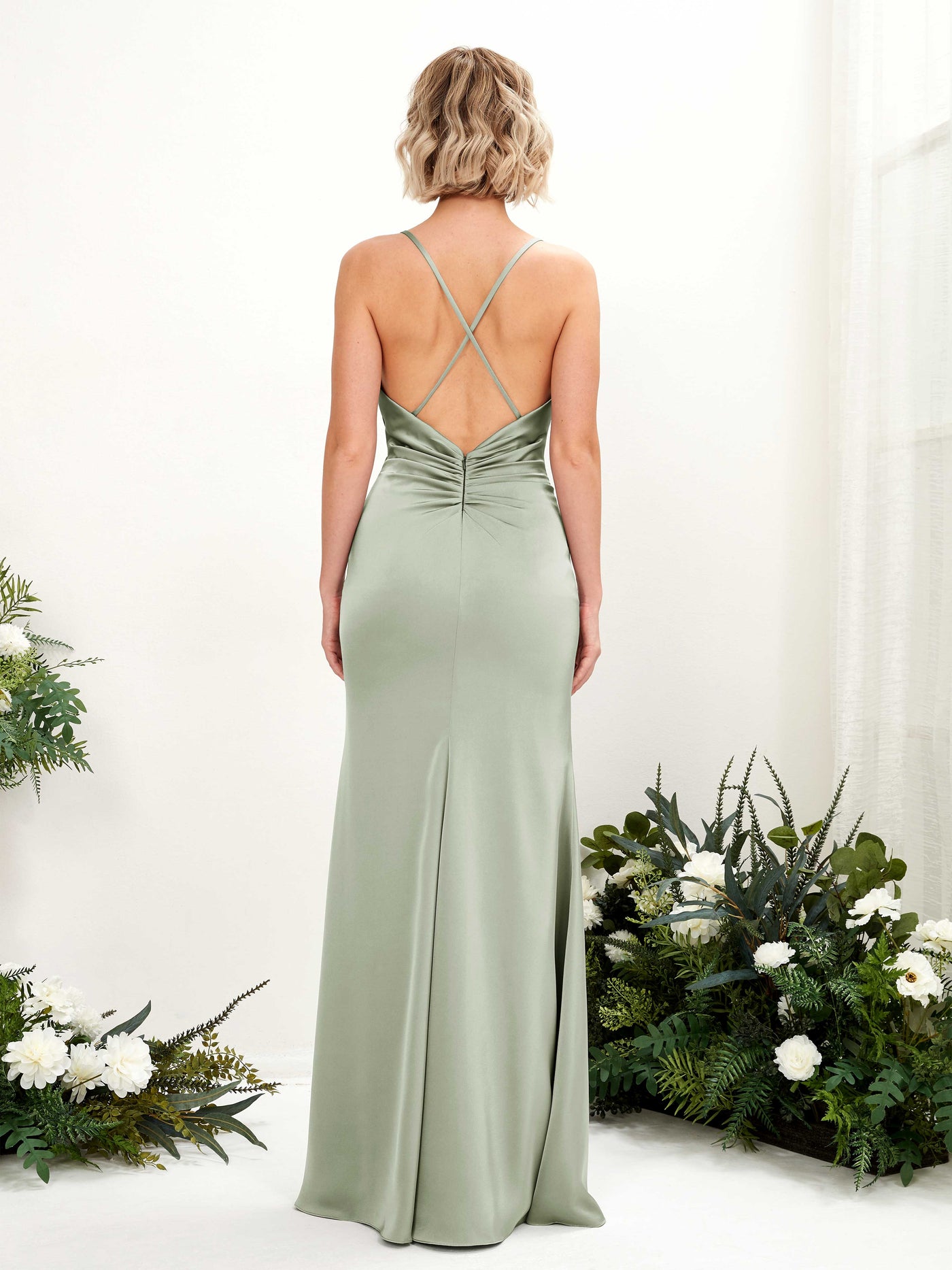 Carlyna Wasserfallausschnitt Bodenlang Satin Brautjungfernkleid Salbeigrün #farbe_salbeigr-n
