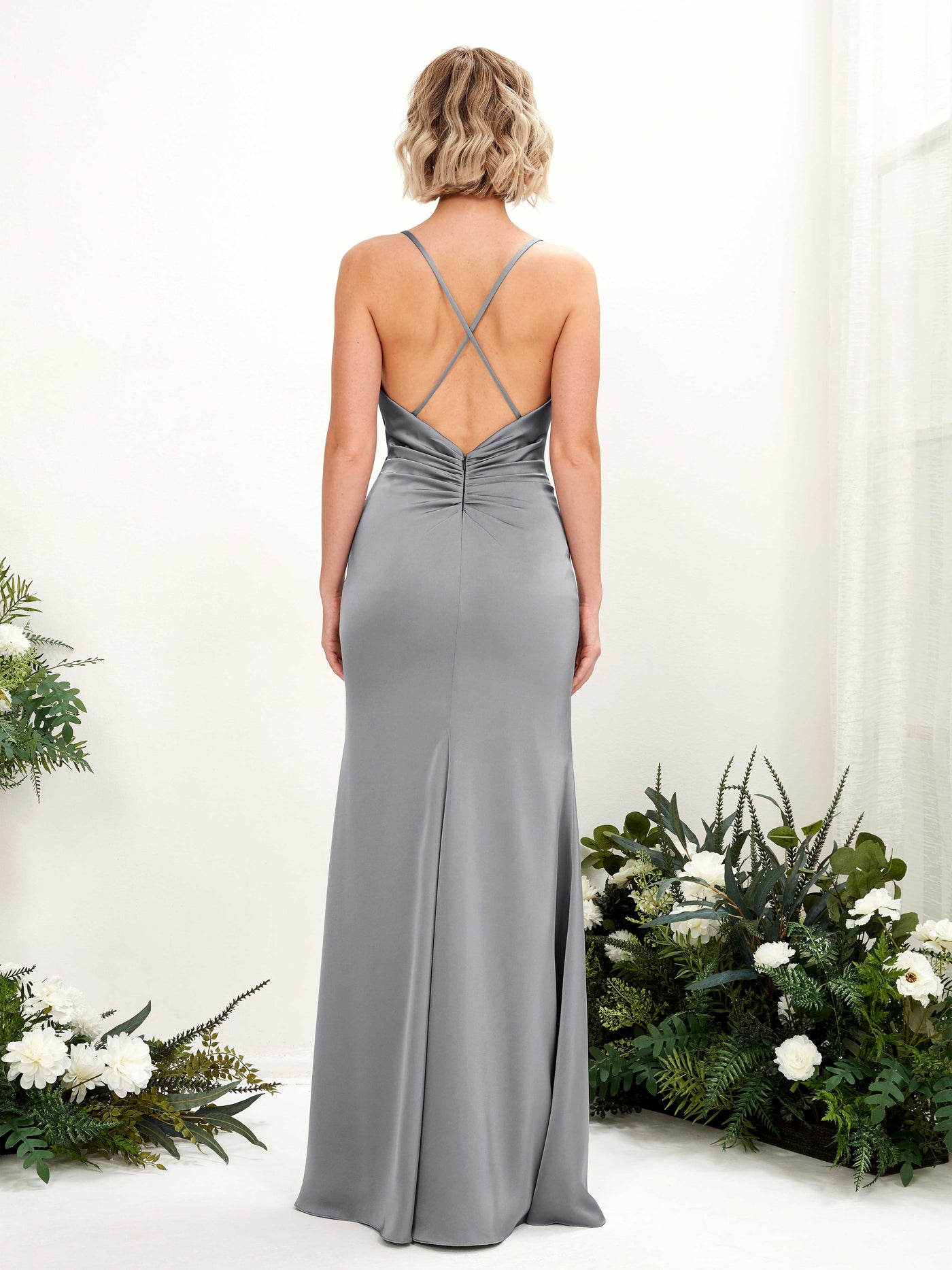 Carlyna Wasserfallausschnitt Bodenlang Satin Brautjungfernkleid Stahlgrau #farbe_stahlgrau