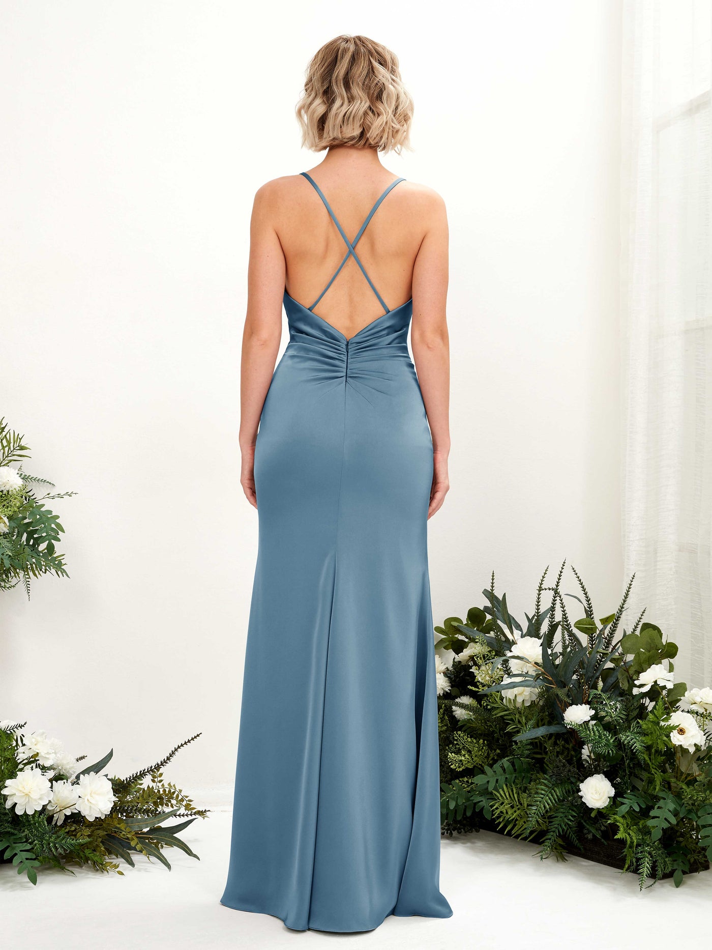 Carlyna Wasserfallausschnitt Bodenlang Satin Brautjungfernkleid Tinte Blau #farbe_tinte-blau