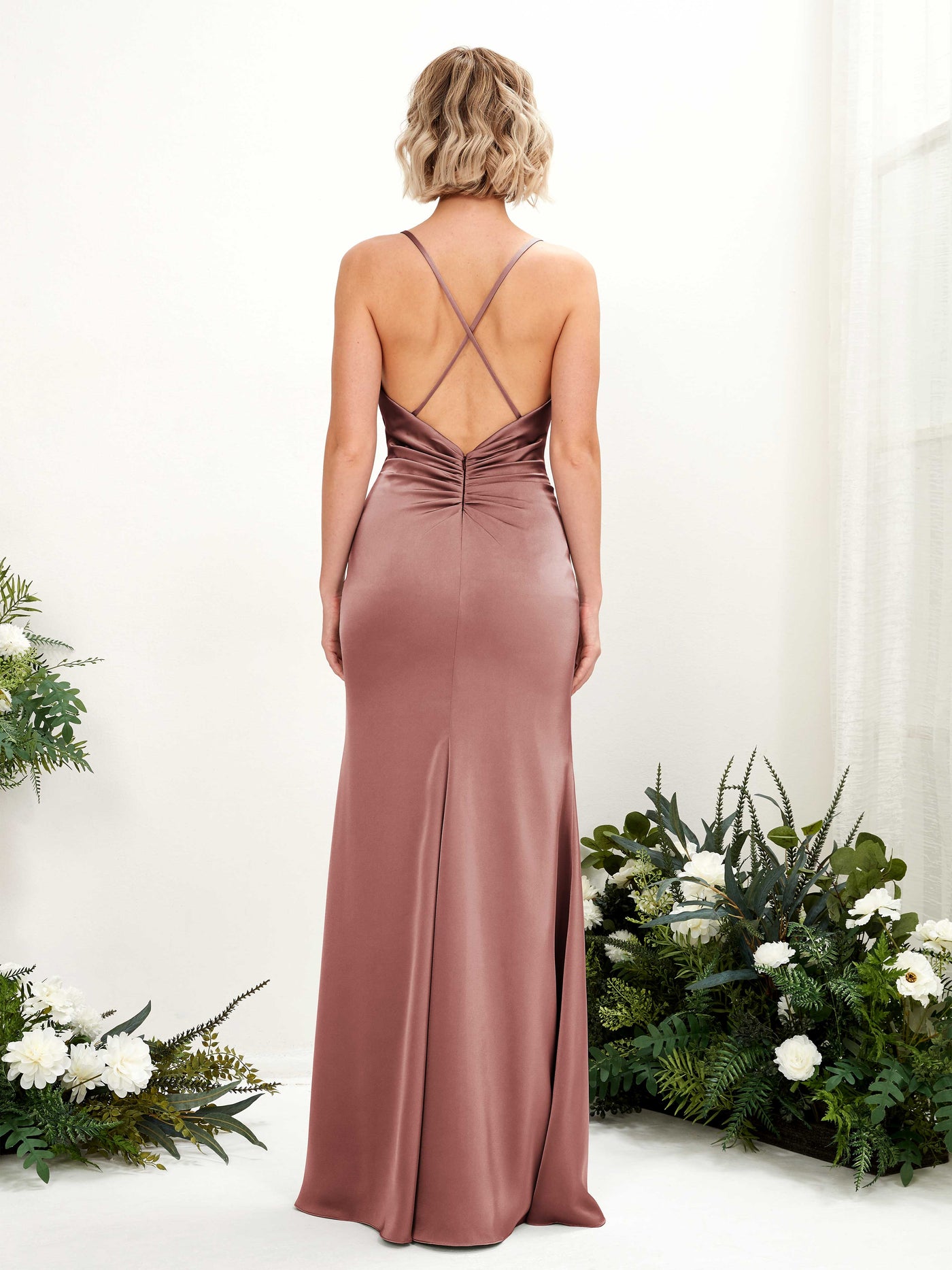 Carlyna Wasserfallausschnitt Bodenlang Satin Brautjungfernkleid Wüstenrose #farbe_w-stenrose